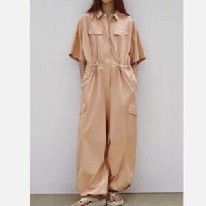 ZARA Short Sleeve Wide Leg Cotton Cargo Utility Jumpsuit--L